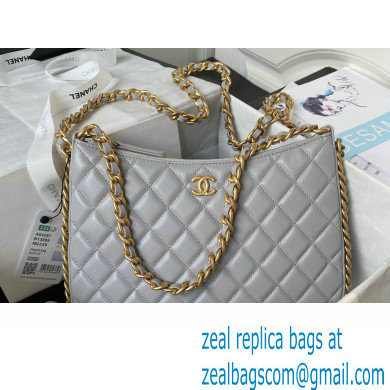 Chanel Shiny Crumpled Lambskin & Gold-Tone Metal Large Hobo Bag AS4287 Gray 2023
